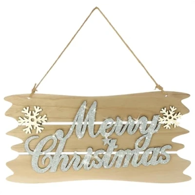 Imagen de com four® decoración Colgante Navidad Percha de Madera con Letras para Letrero Puerta, Ventana o Pared (Color Plata + Blanco marrón)