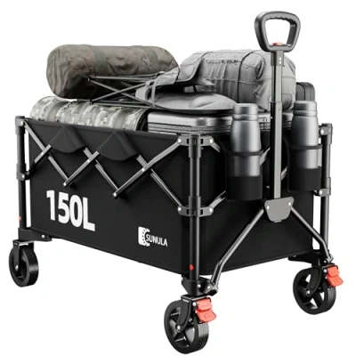 Imagen de SUNULA Carro Plegable 120kg 4 Lados Transporte, asa un Clic &amp; Ruedas Todo Terreno Frenos 150L, Negro