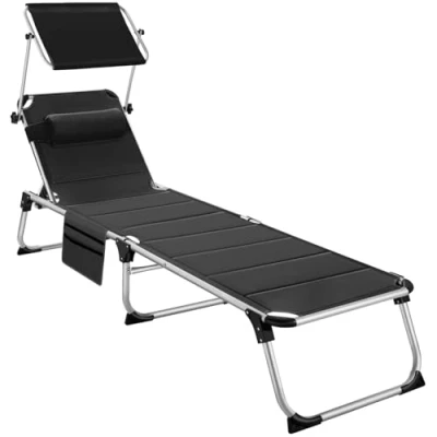 Imagen de TecTake® Tumbona Jardín Exterior de Aluminio, Plegable con Reposacabezas, Parasol y Bolsillo Lateral, Playa Reclinable en 6 Posiciones, Piscina Resistente a Intemperie Negro