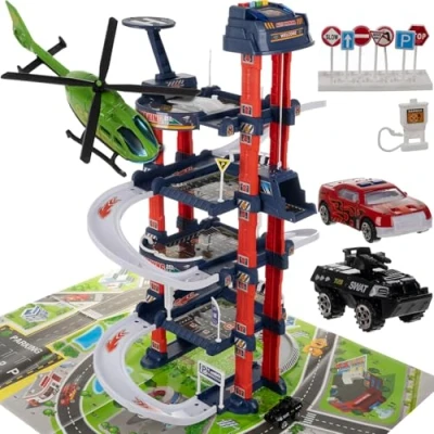 Imagen de Juego de aparcamiento interactivo para niños, aparcamiento, ascensor, coches juguete, helicóptero, alfombrilla juego, señales tráfico, gasolinera, 4 pisos, 24646