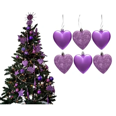 Imagen de 6 bolas grandes con purpurina y corazón mate, decoraciones para árbol de Navidad, (lila)