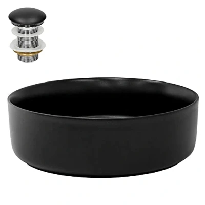 Imagen de ML Design Lavabo De Cerámica Negro Mate Redondo Ø 360 x 120 mm Con Juego Drenaje Sin Rebosadero Lavamanos Moderno Encimera Sobremesa Pila Para Baño Aseo Fregadero Colgante