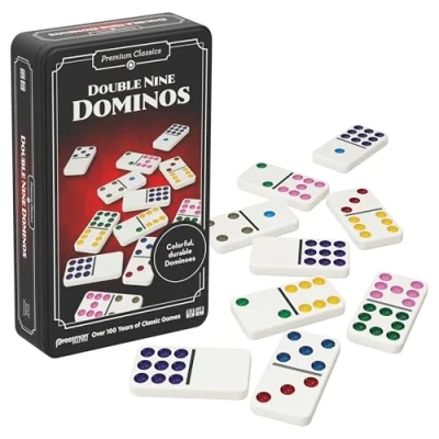 Imagen de Goliath Double 9 Dominos, clásico Juego de Mesa Familiar para niños a Partir 5 años, 55 fichas dominó numeradas 1 8 Jugadores, Caja Viaje Metal Juegos