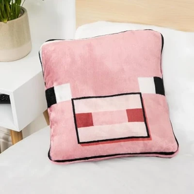 Imagen de Paladone Minecraft Pig Manta de cojín 2 en 1, Viaje con Licencia Oficial Microsoft, Plegable Suave y esponjosa, diseño Compacto para decoración Sala Estar o Dormitorio