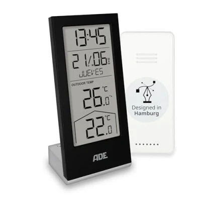 Imagen de ADE Estación meteorológica digital inalámbrica con sensor exterior termómetro para temperatura interior y reloj calendario radiocontrolados día de la semana incl. pilas negro