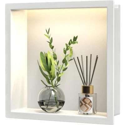 Imagen de Bernkot nicho de ducha acero inoxidable, 300 mm x mm, color blanco, con luz LED resistente al agua, no necesita azulejos, pared para almacenamiento baño sobre instalación montaña