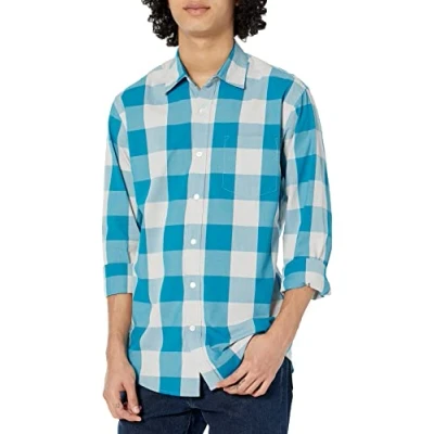 Imagen de Amazon Essentials Camisa Informal de Popelina con Manga Larga y Corte Recto Hombre, Azul Blanco Cuadros Vichy Grandes, M