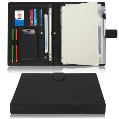 Imagen de Wonderpool A4 PU Cuero 4 Anillos Combo de Escritura Documentos Múltiples con Portapapeles Extraíble y Bolsillo Funcional para Organizador Oficina Viajes Escuela (Negro)