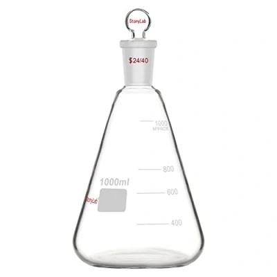 Imagen de stonylab Matraz Erlenmeyer 24/40 de Vidrio con Tapón, 1000 ml Frasco Pared Gruesa Borosilicato Junta Exterior Cónica Estándar y Tapón
