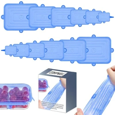 Imagen de Tapas Silicona ajustables Cocina 12 piezas diferentes tamaños Reutilizables Sin BPA Ecologicas Resistentes a Altas y Bajas Temperaturas Apta para Lavavajillas azul