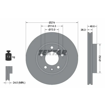 Imagen de TEXTAR 92146900 Disco de freno 274 26,3 05/07 114,3 ventilación interna sin perno sujeción rueda, buje rueda KIA: Carnival 2, I