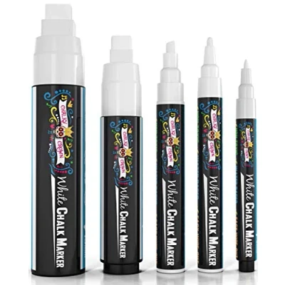 Imagen de Chalky Crown 5 Rotuladores Tiza Líquida Blanca, No Tóxicos, para Ventanas y Vidrio Marcadores de Pizarra Líquida, Puntas 1, 3, 6, 10, 15 mm