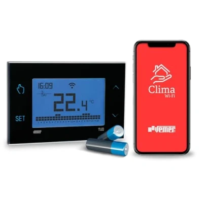 Imagen de VEMER VE788700 TUO WiFi BATERÍA Termostato Calefacción Inteligente, Control Remoto Desde Smartphone por App iOS y Android, Alimentación a Pilas, Negro