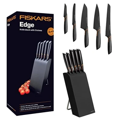 Imagen de Fiskars Bloque de cuchillos con 5 cuchillos, Ancho: 15,5 cm, Alto: 37 Madera abedul, Negro, Edge, 1003099