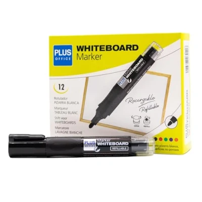 Imagen de Plus Office Rotuladores de Pizarra Blanca con Tinta Liquida Recargable, Punta 2mm, Ideal para Escribir en Cristal, y Otras Superficies Lisas, Borrable (Negro, Rotulador)
