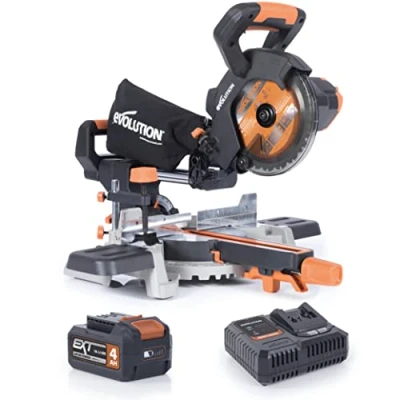 Imagen de Evolution Sierra ingletadora deslizante inalámbrica R185SMS Li de Power Tools con corte multimaterial,bisel 45,inglete 50, 850 W Incluye batería 4 Ah y cargador,hoja TCT 185 mm
