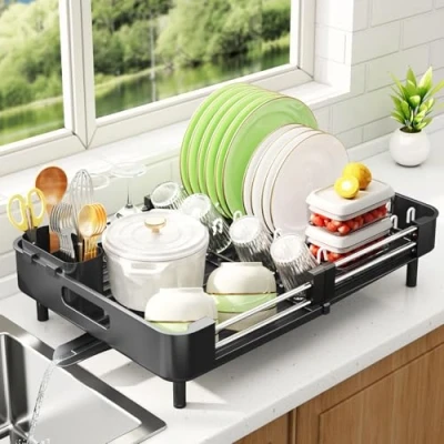 Imagen de SAYZH Escurreplatos, Escurridor De Platos Extensible(33.5 CM 50 CM) Gran Capacidad con Soporte Cubiertos Extraíble y Caño Drenaje Giratorio, para Encimera Cocina Ahorre Espacio(Negro)