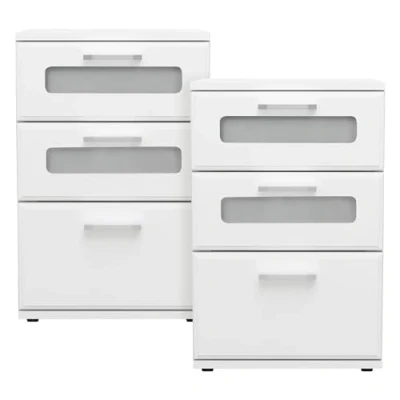 Imagen de ML Design 2X Mesitas de Noche con 3X Cajones 40 x 60 38cm Blanco Mesa Auxiliar Inserto Vidrio Cómoda Lisa Madera Mueble Cajonera Consola Estante Decorativa para Dormitorio o Sala Estar