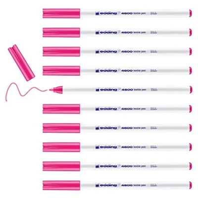 Imagen de edding 4600 rotulador textil rosa neón caja de 10 punta redonda 1 mm rotuladores textiles permanentes para dibujar en tejidos, resistentes a lavados hasta 60 C tela
