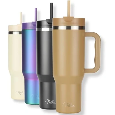 Imagen de Milu Termico con Asa y Pajita 1200ml, Botella de Agua Acero Inoxidable Aislado, Taza térmica, Vaso viaje para café helado, 24h helado / 12h caliente 40oz (Brown, 1200ml)