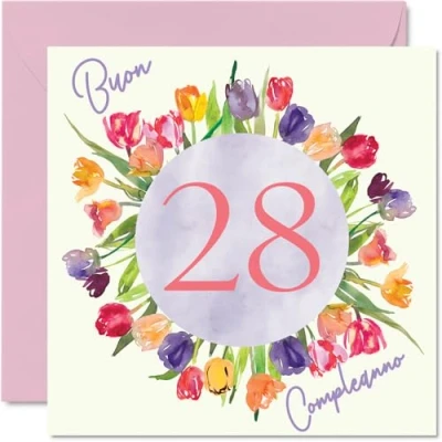 Imagen de Stuff4 Tarjeta felicitación 28 cumpleaños para mujer Ramo flores tulipanes acuarela Tarjetas feliz años, hija, hermana, tía, 145 mm veintiocho
