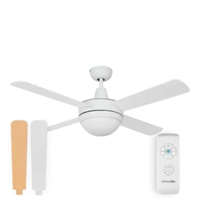 Imagen de UNIVERSALBLUE Ventilador de techo con luz LED silencioso Motor DC Aspas reversibles color blanco y madera Potencia 70 W Temporizador mando a distancia Función invierno