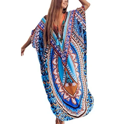 Imagen de YouKD Vestido Maxi con Estampado Etnico de Caftán Largo Bohemio Verano para Mujer Cover Ups Bikini Playa