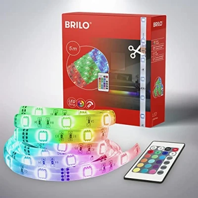 Imagen de BRILONER tira de luces led 5 m, incluye mando a distancia, autoadhesiva ledes, 150 ledes RGB, intensidad regulable, 24 W, longitud: m