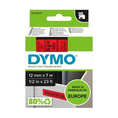 Imagen de DYMO Cinta ROTULADORA AUTOADHESIVA D1 12MM X 7 Metros DE Longitud para ROTULADORAS Label Manager, Negro sobre Rojo