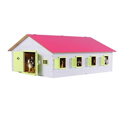 Imagen de Kids Globe Farming 610189 Establo para Caballos (Madera, 1:24, con 7 Cajas, práctico Techo Plegable, Todo Tipo de Figuras Animales)
