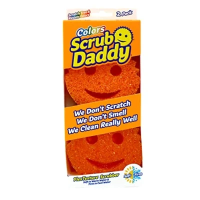 Imagen de Scrub Daddy Colors Esponja Estropajo Cara Sonriente Limpieza Anti Rayaduras, Lavable para Cocina y Baño Antibacteriana, Reutilizable, Tecnología Flextexture, Naranja, Paquete de 2