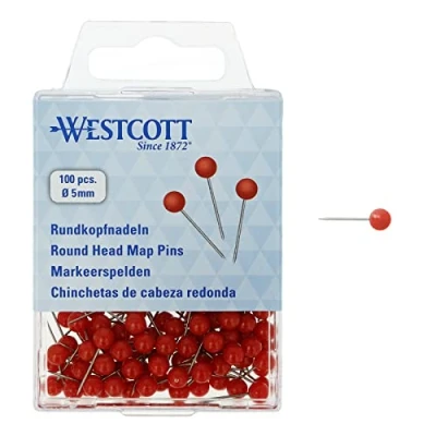 Imagen de Westcott Agujas de Cabeza Redonda, 100 Unidades, 5 mm diámetro, 16 Largo, Color Rojo, E 10503 00
