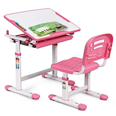 Imagen de COSTWAY Escritorio para Niños con Silla Mesa de Lectura Infantil Cajón Ángulo y Altura Ajustable (Color Rosa)