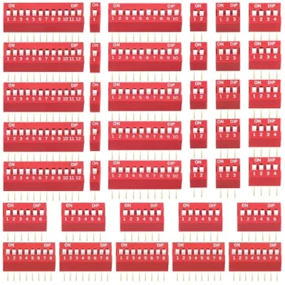 Imagen de Interruptor Dip Kit Surtido, 40 Piezas 1 2 3 4 6 8 10 12 Pines 2.54mm Doble Fila de Tipo Deslizante Encendido y Apagado, para Placas Circuitos PCB (Rojo)