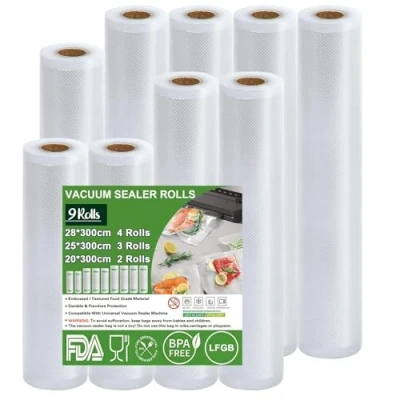 Imagen de Omtofo bolsas de envasado al vacío, 9 rollos, 20cm(2rollo)/25cm(3rollo)/28cm(4rollo) x3m, vacío para alimentos, sin BPA, 150 µm, rollo lámina todas las envasadoras