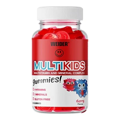 Imagen de Weider Multikids Gummies, Complejo Vitamínico para Niños, Formulado con 9 Vitaminas y 3 Minerales, Apoyo del Sistema Inmune, Sin Gluten Azúcar, Sabor Cereza Bote de 50 Gominolas