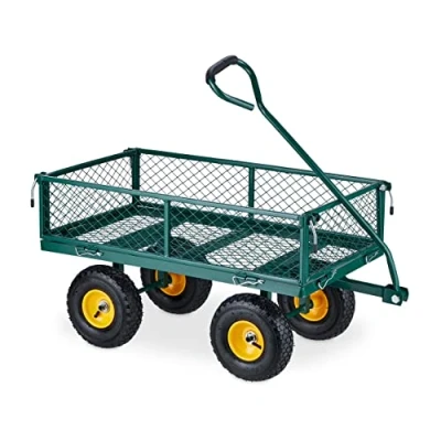 Imagen de Relaxdays Grüner Handwagen Carretilla Mano, Práctica Carreta de Jardín, Neumáticos, Laterales Plegables, hasta 200 kg, Verde/Amarillo, Caucho, 50 x 110 cm