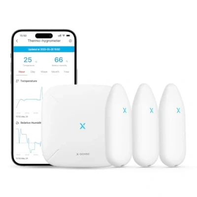 Imagen de X Sense Termómetro higrómetro inalámbrico para interiores, control de temperatura y humedad mediante aplicación, alcance 500 m, exportación datos gratuita, compatible con Alexa, 3 sensores 1