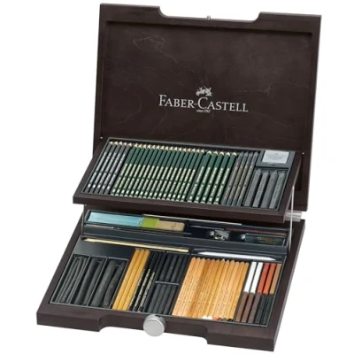 Imagen de Faber Castell 112971 Estuche de madera Pitt monochrome con 86 piezas selección ecolápices, tizas, carboncillos y grafitos accesorios