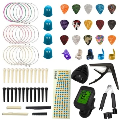 Imagen de TTCR II Accesorios para Guitarra 75 Piezas con Afinador de Guitarra, Capo, 15 Púas 3 juegos Cuerdas 4 protectores dedos,Enrollador cuerda, Pegatinas guitarra…
