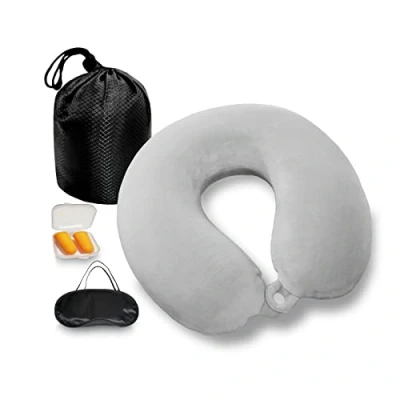 Imagen de NavoX Almohada de Viaje,Almohada Viaje Cuello Espuma Memoria,cojin Viaje,Viene con Tapones para los oídos, Antifaz y Bolso,Ligera Camping, Coche, avión (Gris)