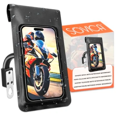 Imagen de Soporte movil Moto retrovisor Impermeable Funda Totalmente estanca Compatible con Smartphones de hasta 7.5&quot; Ventana Trasera fijacion irrompible y Segura al Espejo