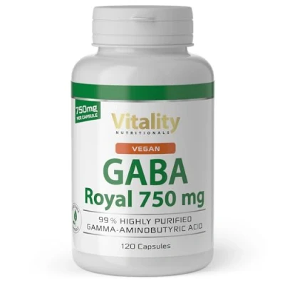 Imagen de GABA Royal Vitality Nutritionals by VitaminExpress Cápsulas de alta dosis (750 mg por cápsula, ácido gamma aminobutírico, sin aditivos ingeniería genética, 750 cápsula (120 unidades)