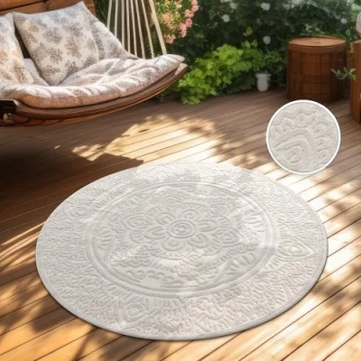 Imagen de Paco Home Alfombra Salon De Habitacion Cocina Exterior Terraza Jardin Motivo Nordica Boho Chic Lisa, tamaño:Ø 200 cm Redon, Color:Crema 4