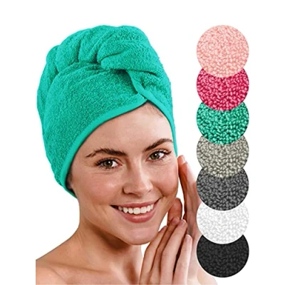 Imagen de LAYNENBURG Toalla Turbante de Lujo con botón 100% algodón 4 elásticos Pelo Gratis para Corto y Largo Secado rápido Absorbente (Turquesa)