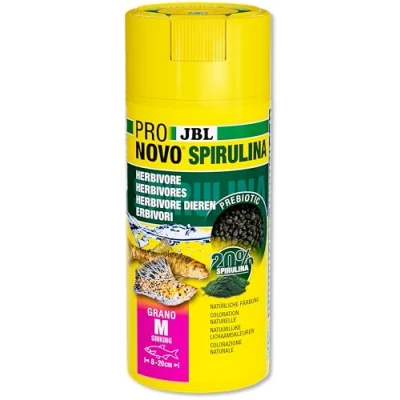 Imagen de JBL PRONOVO SPIRULINA Grano, granulado de pienso Verde para Todos los Peces Acuario 8 20 cm, Peces, dosificador, tamaño M, 250 ml