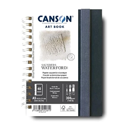 Imagen de Canson Professional Book, Papel Acuarela, Grano Fino, 300 gsm, Cuaderno Espiral, A5 14,8 x 21 cm, Blanco Natural, 20 hojas