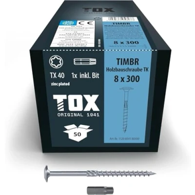 Imagen de TOX Tornillos para construcción de madera TIMBR TK 8,0 x 300 mm, galvanizados en azul con cabeza disco, TX40, 50 unidades por caja, incl. 1x broca, 1120804180300