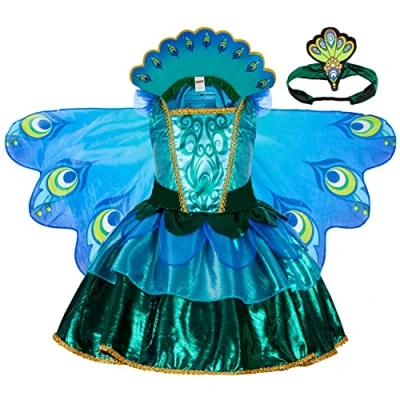 Imagen de Spooktacular Creations Peacock Dress with Feather Wings and Headband for Girls Halloween Costume Animal Costumes Kids (Large (10 12 yrs))