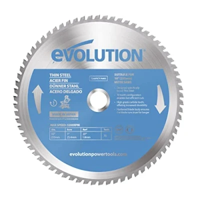 Imagen de Evolution hoja de sierra 255 mm (T255TCT 70MS) para cortar acero fino: la metal con punta carburo no genera calor, rebabas ni chispas